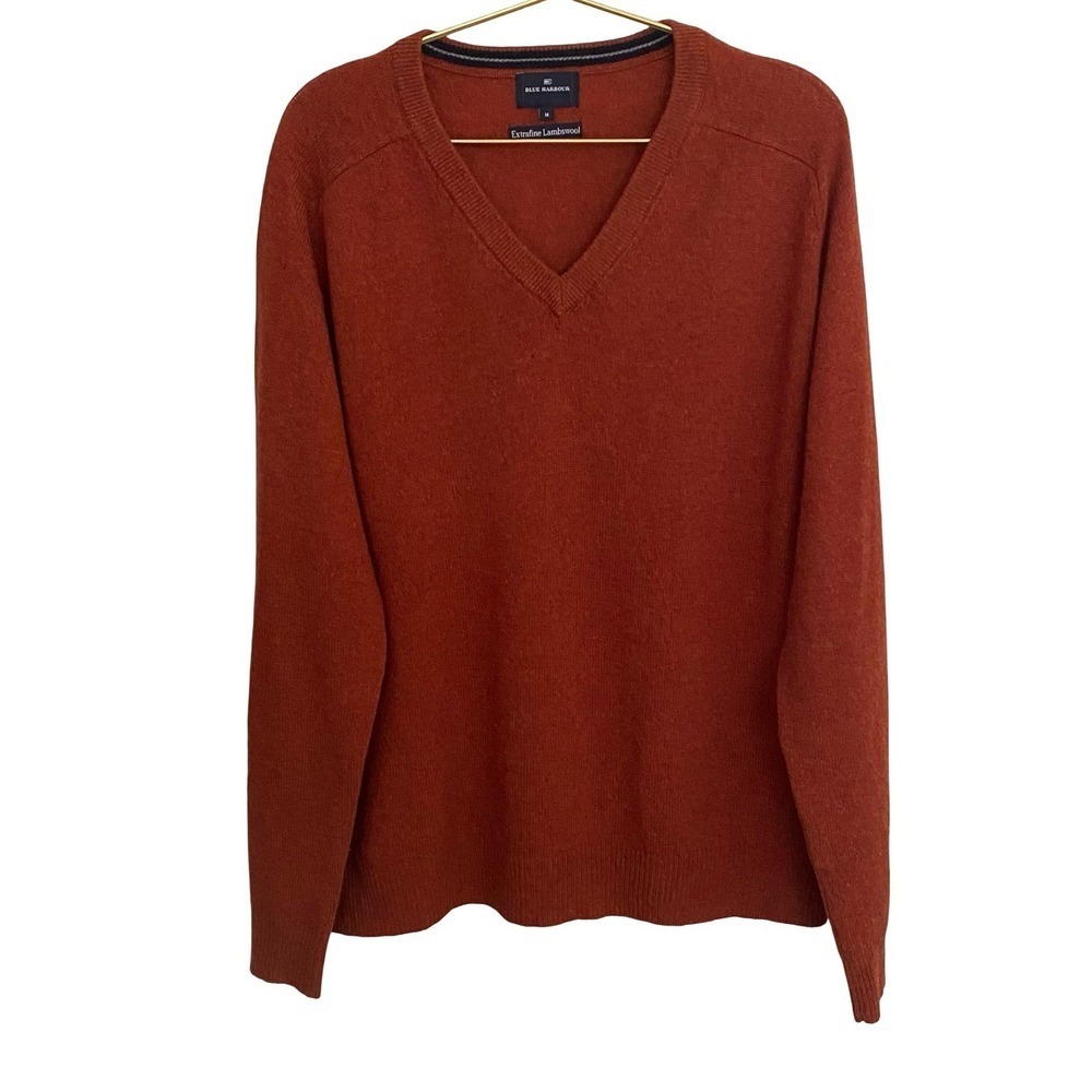 Blue Harbour Extrafine Lambswool Mens V-Neck Sweater Medium Orange Pullover